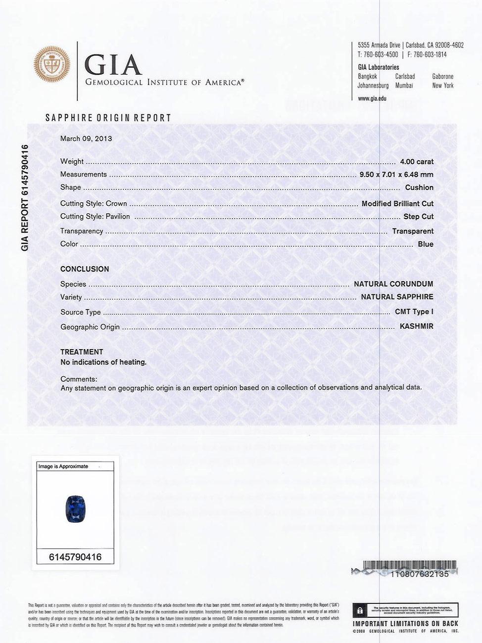 Modern GIA Certified 4 Carat Cushion Vivid Blue No Heat Kashmir Sapphire Ring For Sale