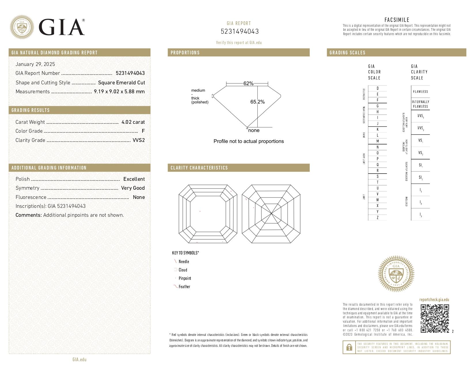 Square Cut GIA Certified 4.02 Carat Cut Diamond F Color VVS2 Clarity Ring in Platinum For Sale