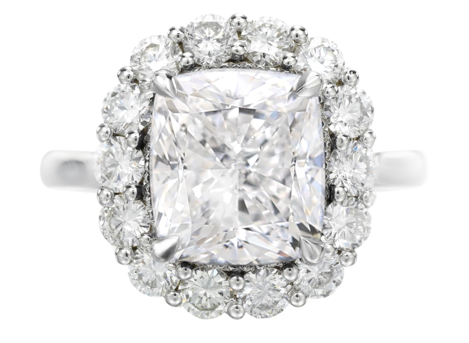 For Sale:  GIA Certified 4 Carat F Color Cushion Cut Diamond White Gold Ring 3