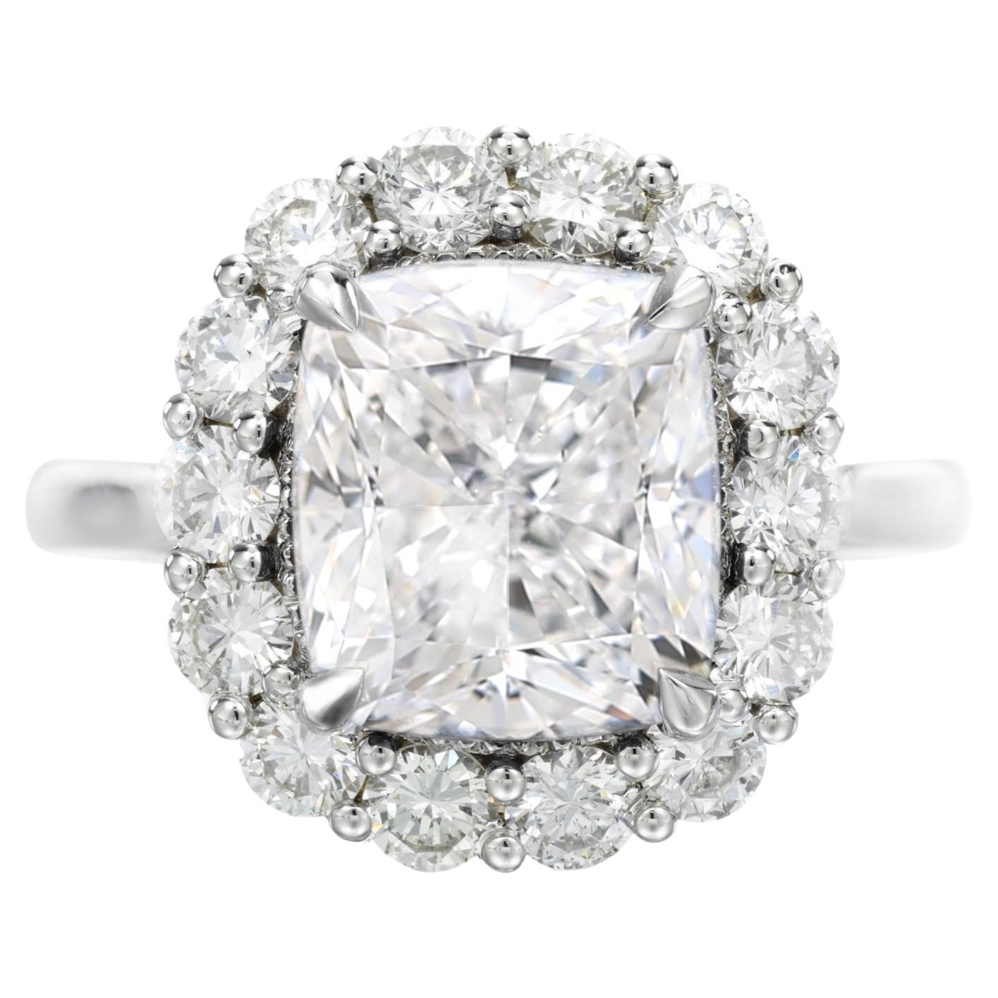 GIA Certified 4 Carat D Color Cushion Cut Diamond White Gold Ring