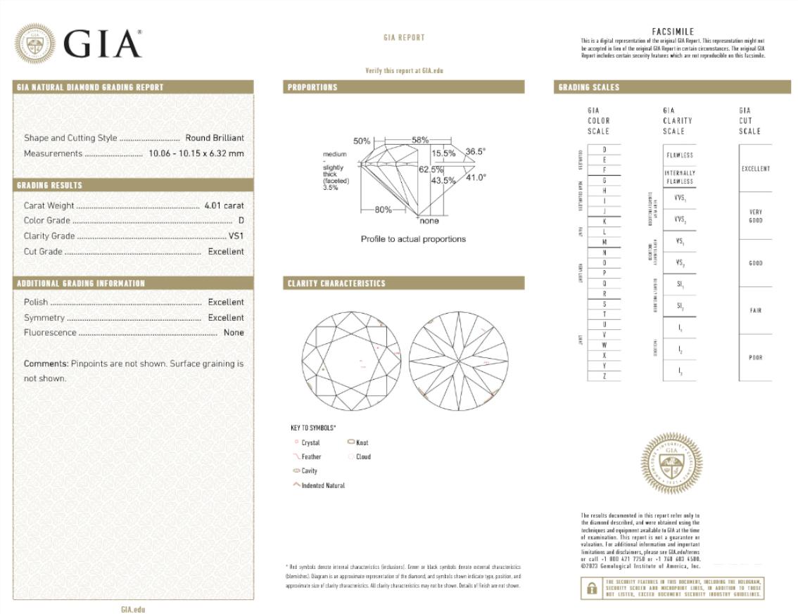 Taille ronde Bague en or jaune certifiée GIA, diamant rond brillant de 4 carats D couleur en vente