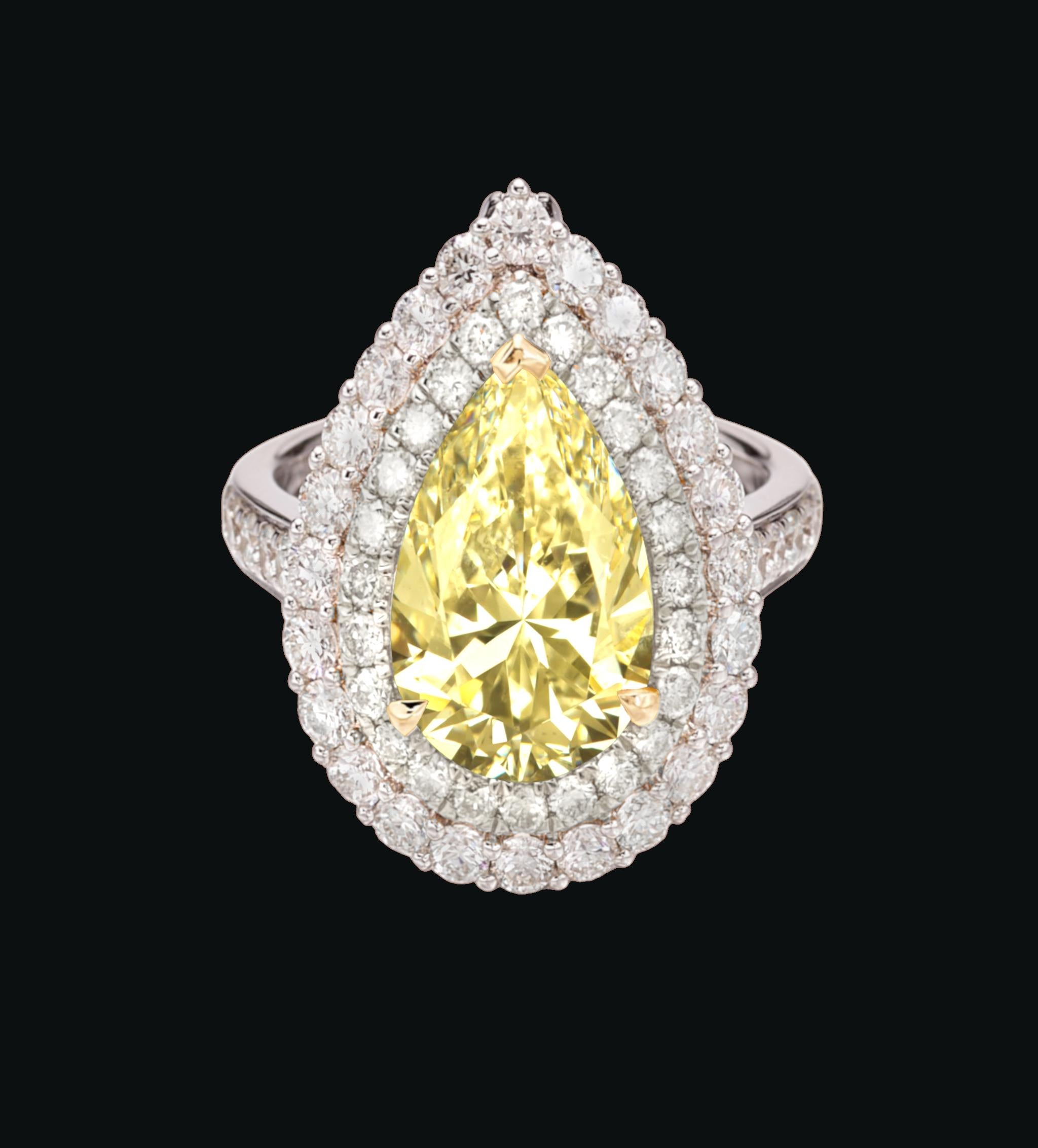 Ein heller und fröhlicher 3,02 Karat GIA-zertifizierter Diamant hat ein augenreines Aussehen und einen völlig natürlichen hellgelben Farbton! Dieser Diamant im Birnenschliff ist von GIA, der weltweit führenden gemmologischen Behörde, zertifiziert.