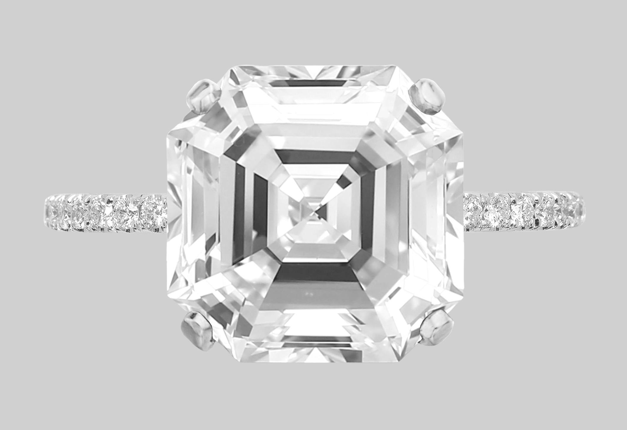 GIA Certified 4.00 Carat Asscher Cut Diamond Platinum Solitaire Ring with Pavè In New Condition For Sale In Chicago, IL