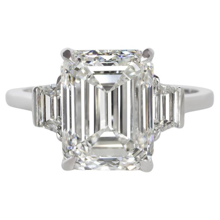 GIA Certified 4 Carat Emerald Cut Diamond Platinum Ring For Sale