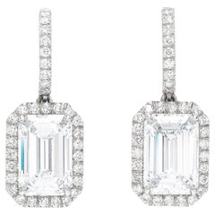 GIA Certified 4 Carat Emerald Cut Halo Platinum Diamond Dangle Earrings