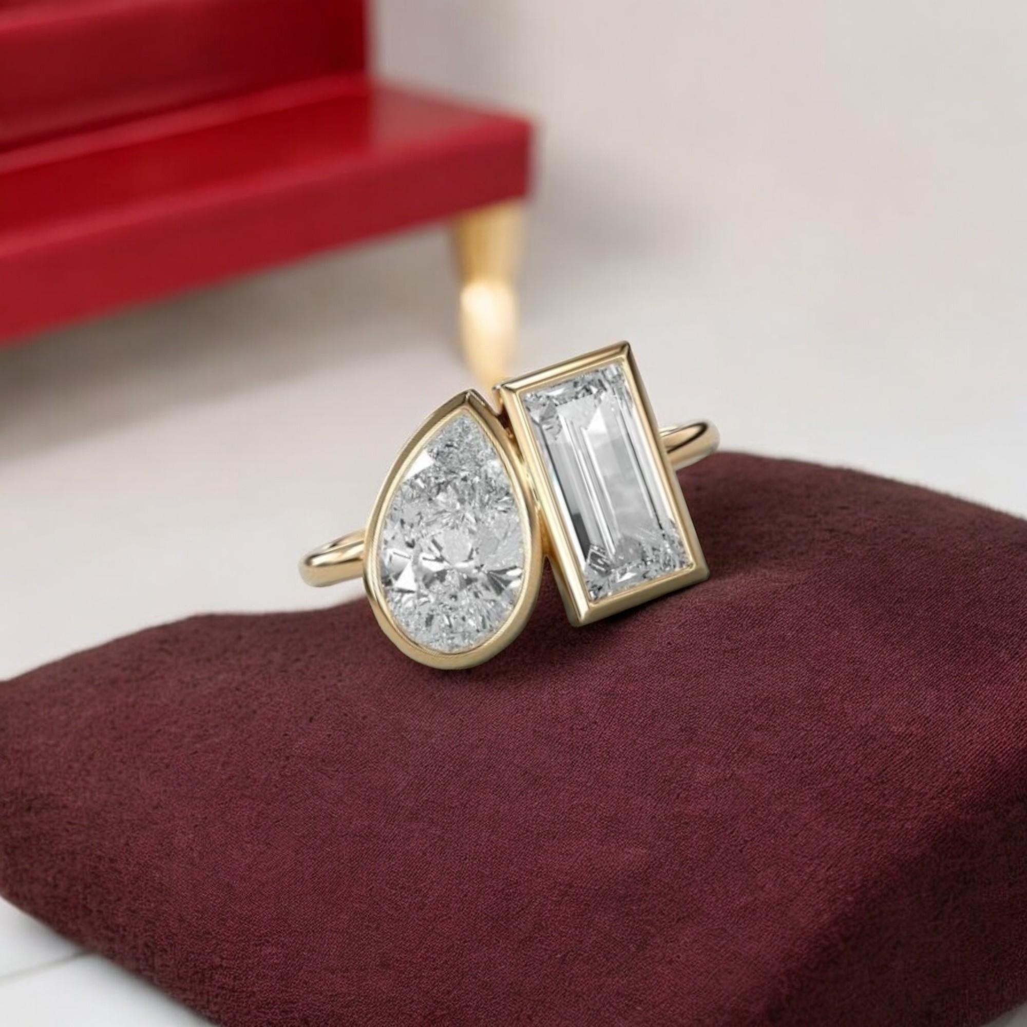 GIA-zertifizierter 4 Karat F/VS1 birnenförmiger Smaragdring mit Diamanten in Smaragdform Toi Et Moi, 18K Gold (Zeitgenössisch) im Angebot