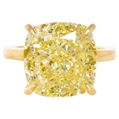 GIA Certified 4 Carat Fancy Intense Yellow Cushion Cut Diamond Yellow Gold Ring
