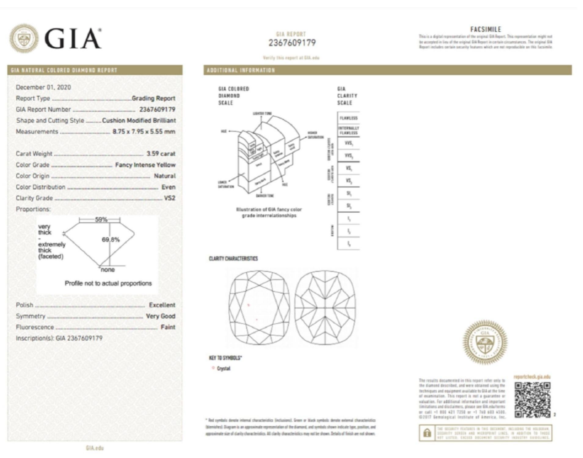 Amazing natural GIA certified fancy intense yellow cushion cut diamond ring with two side tapered baguette natural diamonds at each side mounted in 18 carats yellow gold and platinum.

The main stone sparkle is strong yellow. The stone has a