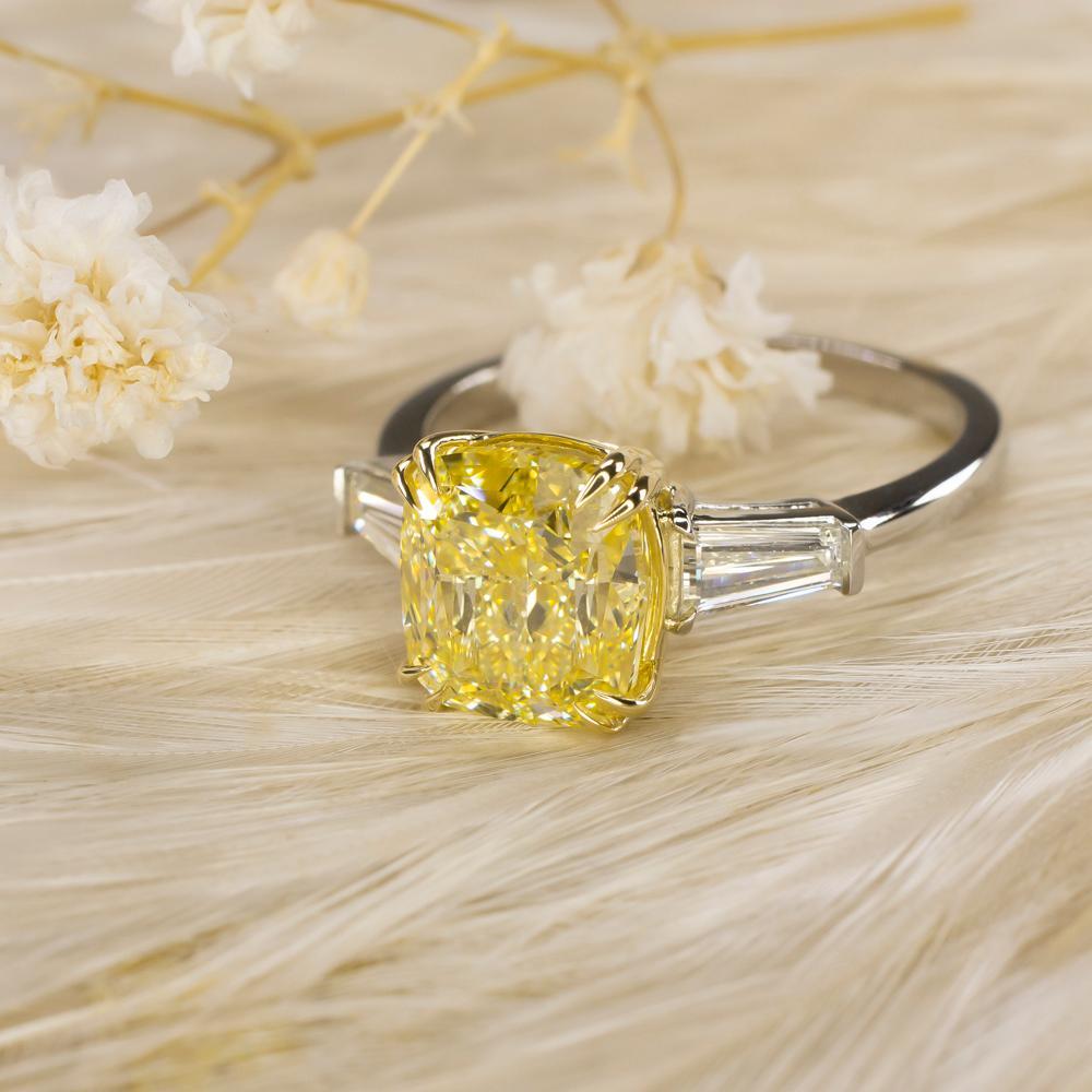 Modern GIA Certified 3 Carat (main stone) Fancy Intense Yellow Cushion Diamond  Ring