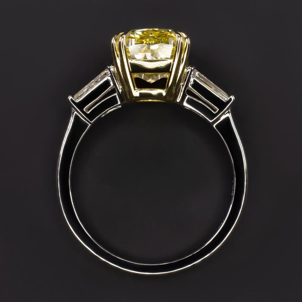 Cushion Cut GIA Certified 3 Carat (main stone) Fancy Intense Yellow Cushion Diamond  Ring