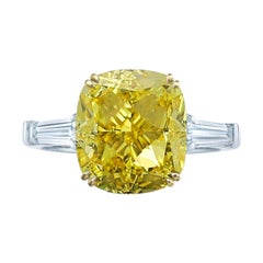 GIA Certified 3 Carat (main stone) Fancy Intense Yellow Cushion Diamond  Ring