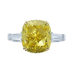 GIA Certified 4 Carat Fancy Intense Yellow Cushion Diamond Platinum Ring