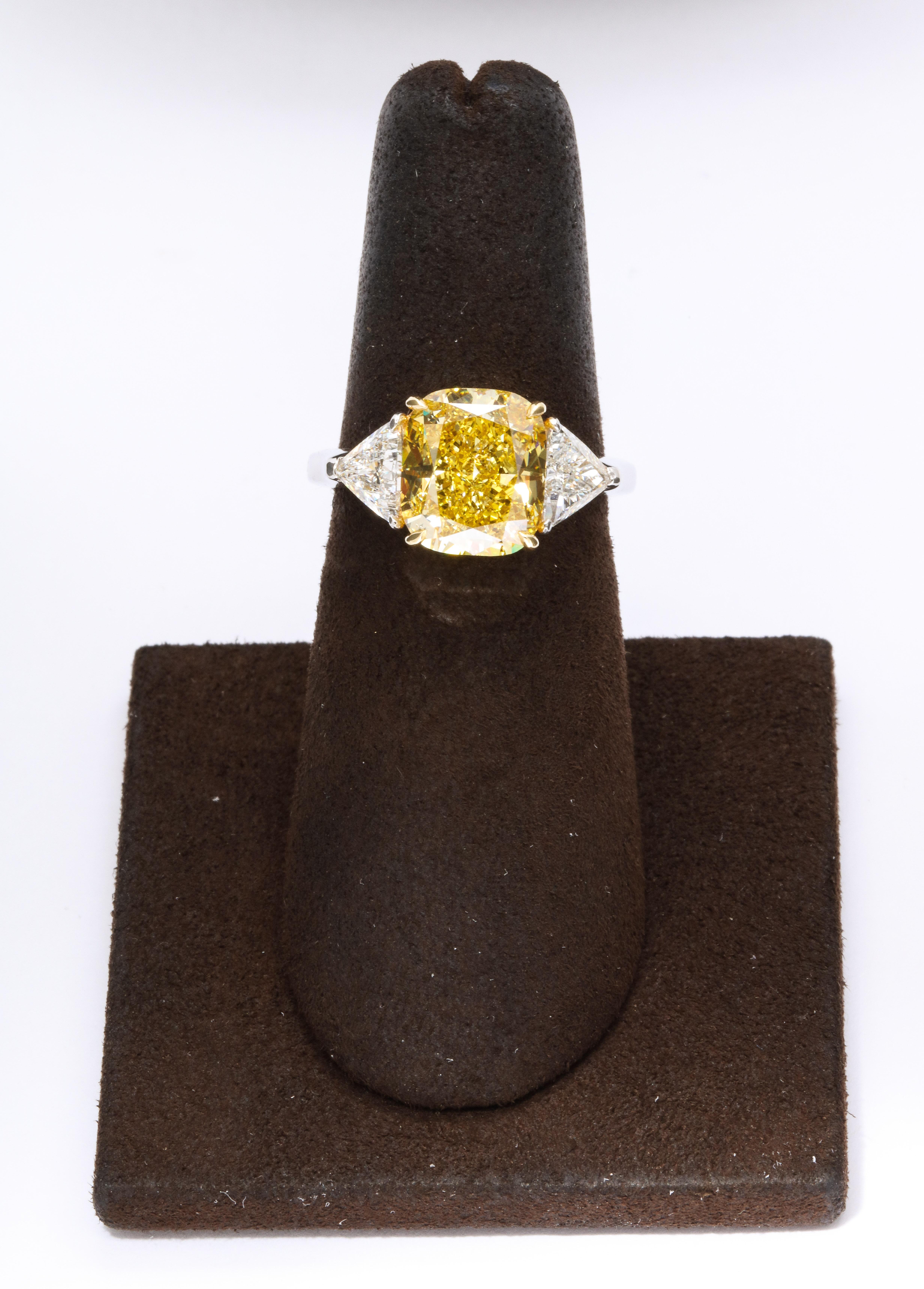 Cushion Cut GIA Certified 4 Carat Fancy Intense Yellow Diamond Ring For Sale