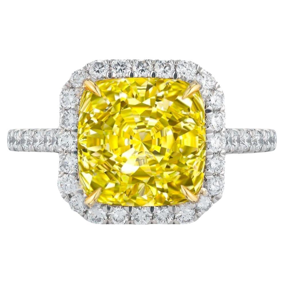 GIA Certified 4 Carat Fancy Yellow Cushion Diamond Ring For Sale