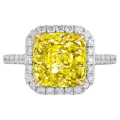 GIA Certified 4 Carat Fancy Yellow Cushion Diamond Ring
