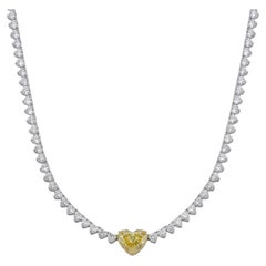 GIA Certified 4 Carat Fancy Yellow Diamond Heart Cut Tennis Necklace