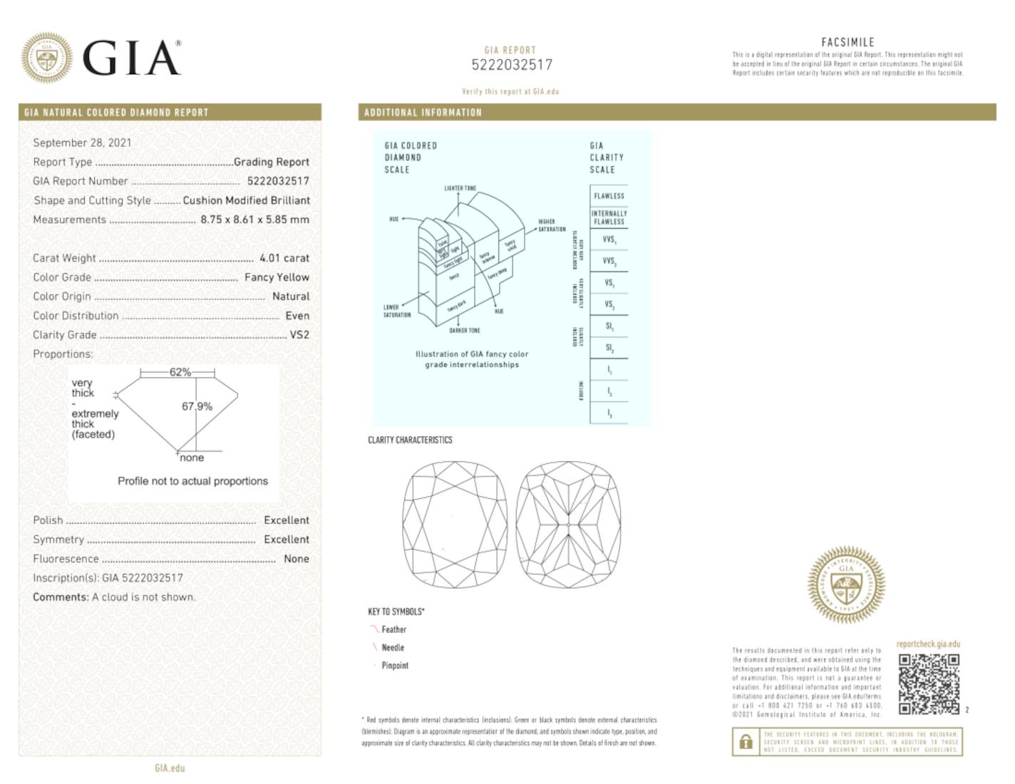 Cushion Cut GIA Certified 4 Carat Fancy Yellow Diamond Ring For Sale