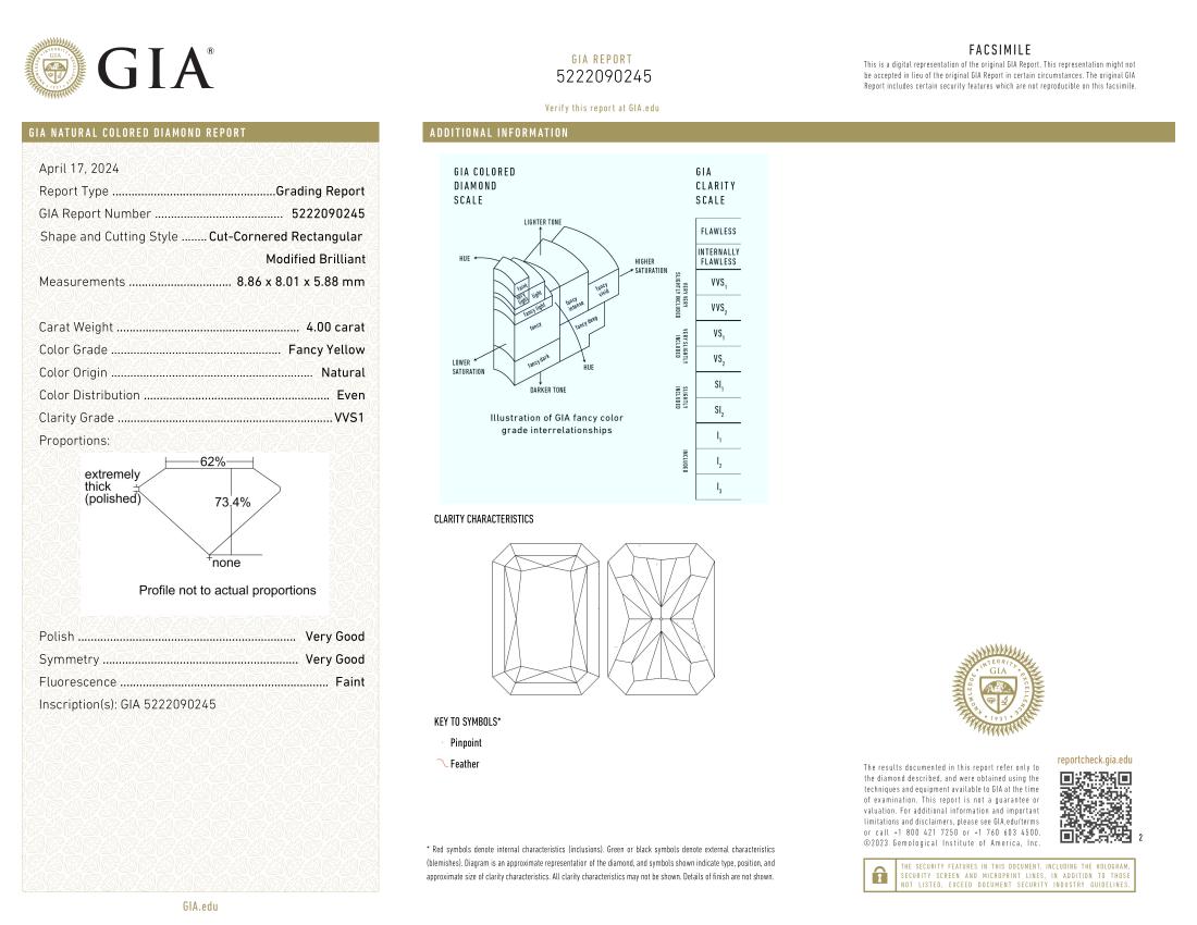 Radiant Cut GIA Certified 4 Carat Fancy Yellow Flawless Clarity Ring VVS1 For Sale