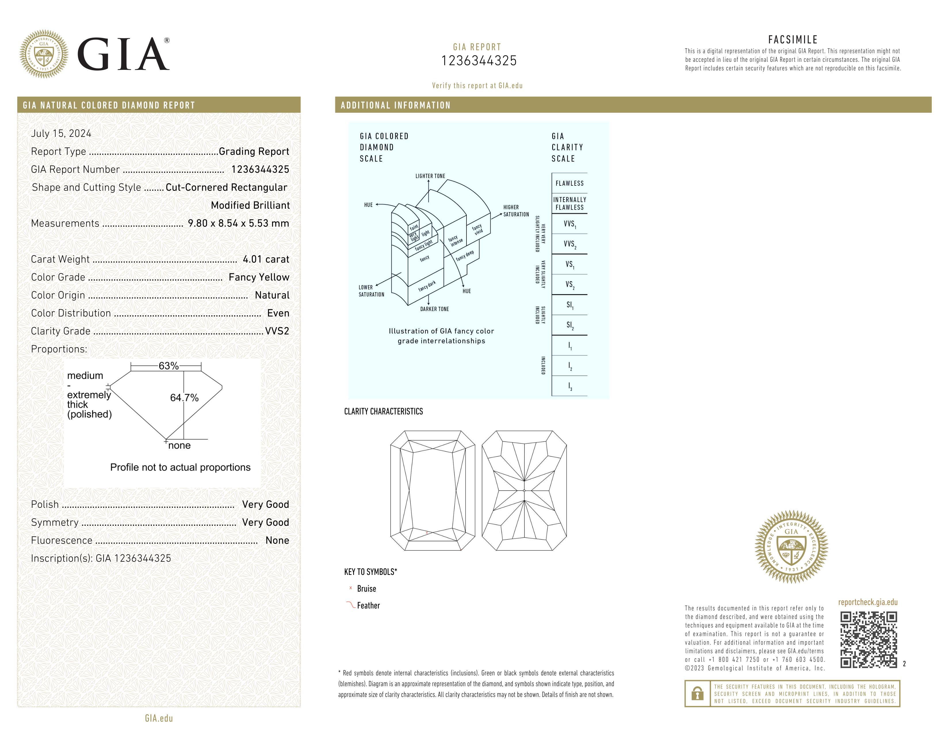 Anillo con diamante de corte radiante amarillo fantasía de 4,01 quilates y pureza VVS2 certificado por GIA en Nuevo estado para la venta en Chicago, IL