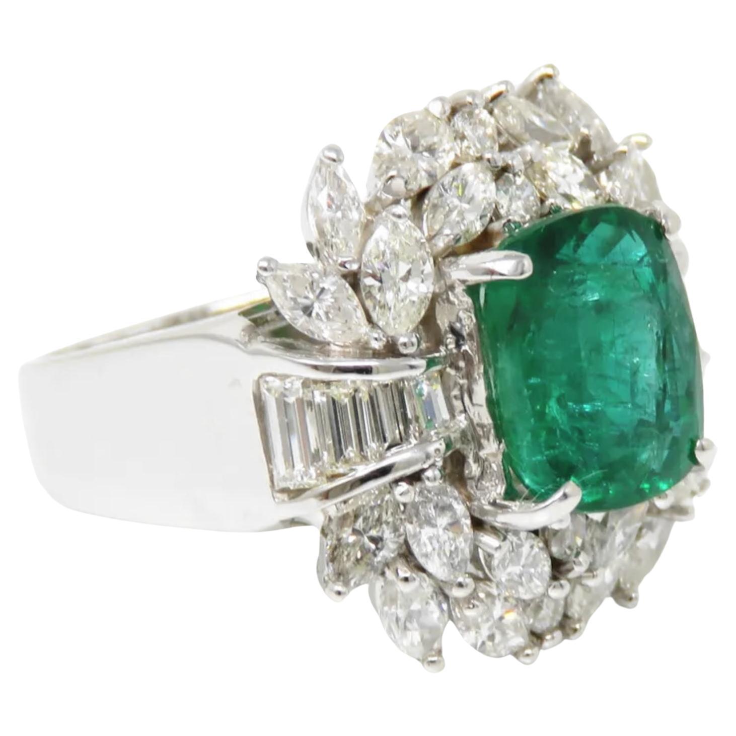 Cushion Cut GIA Certified 4 Carat Green Emerald Diamond Platinum Ring For Sale