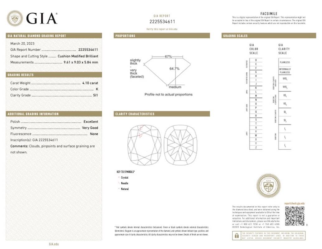GIA zertifiziert 4 Karat Alte Mine Kissenschliff Diamant Weißgold Ring im Zustand „Neu“ in Chicago, IL