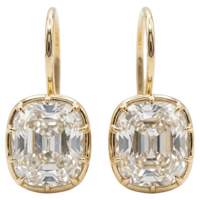 GIA Certified 4 Carat Old Mine Cut Diamond 14k Yellow Gold Drop Earrings For Sale
