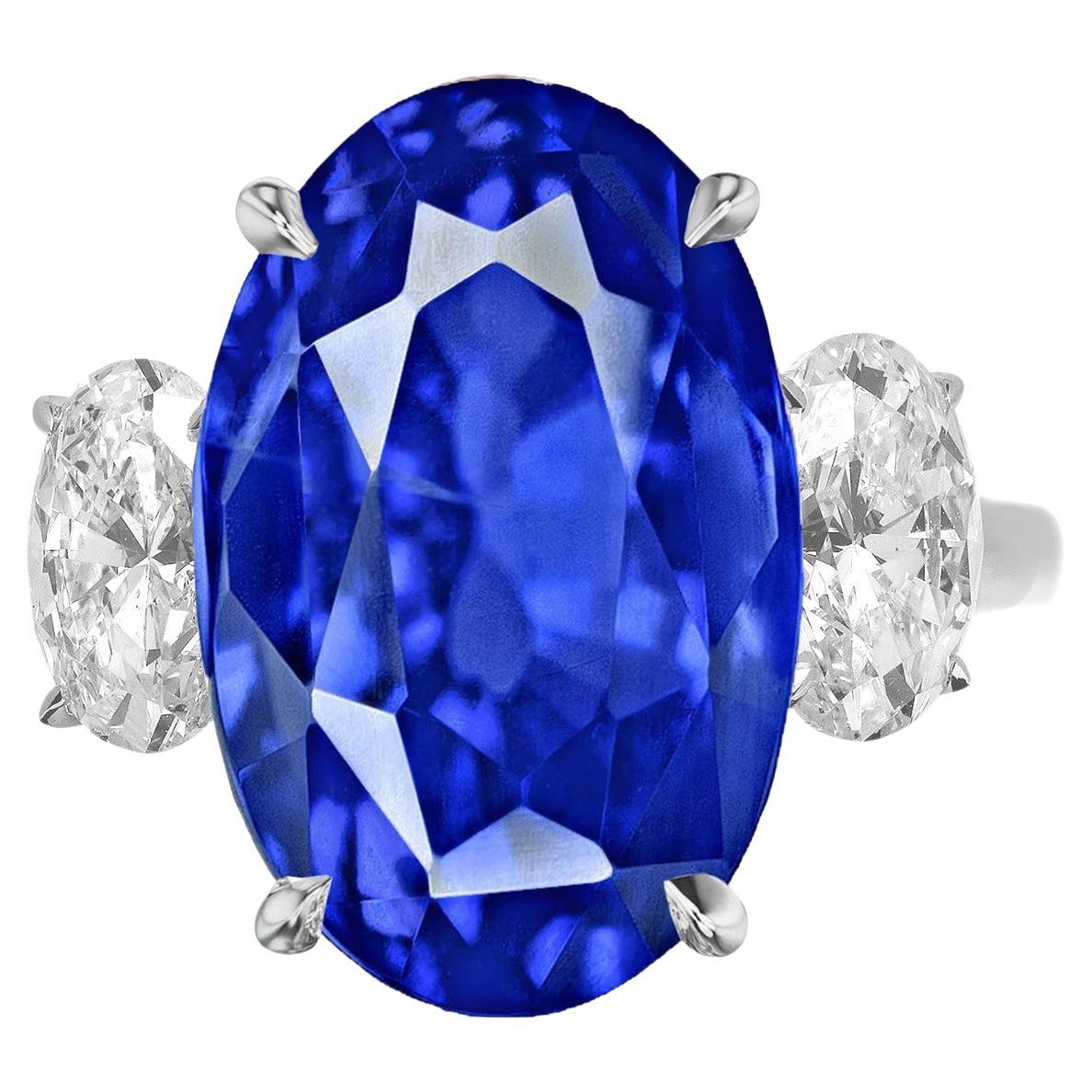 GIA Certified 4 Carat Oval Blue No Heat Ceylon Sapphire Diamond Ring
