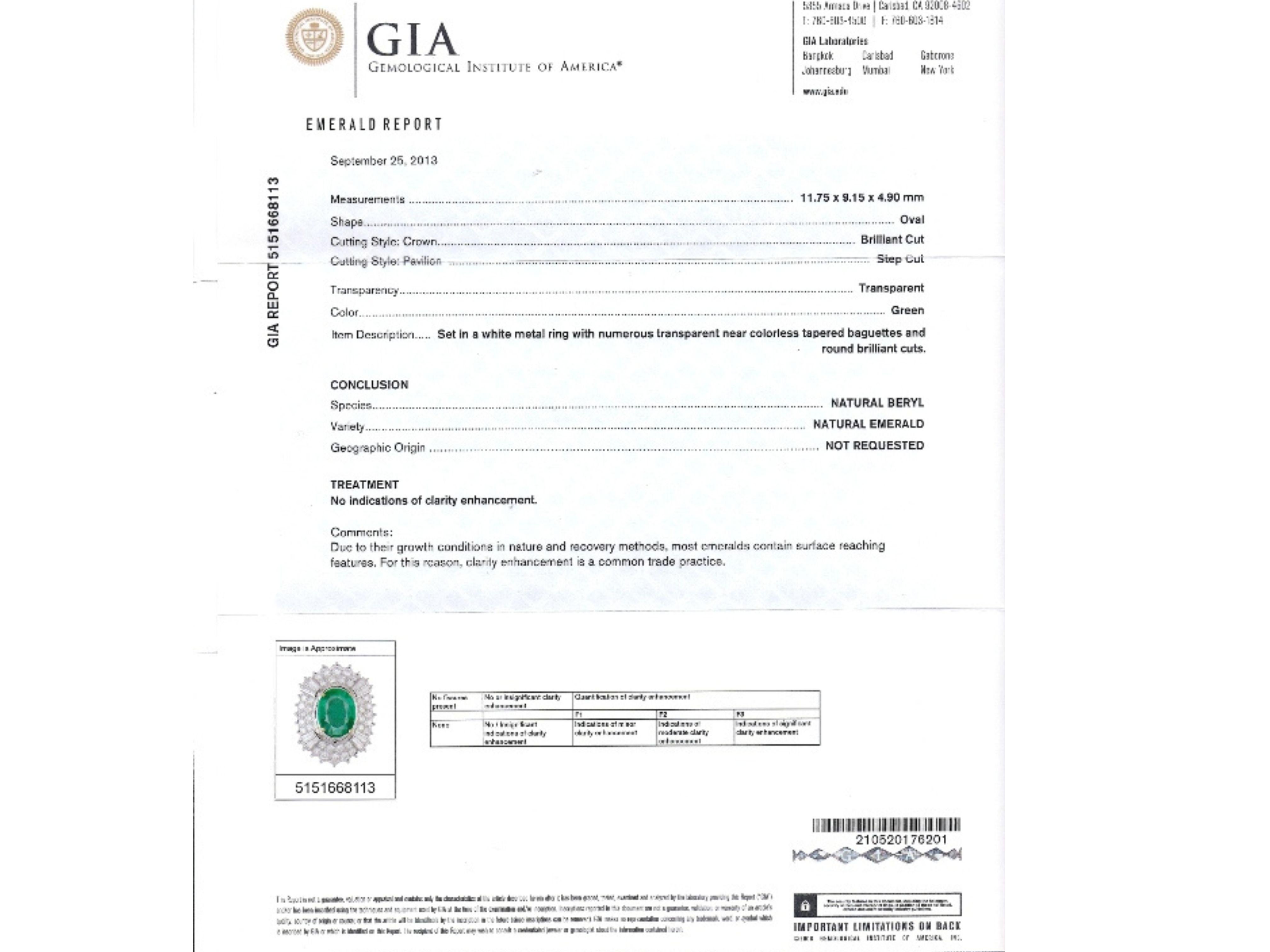 GIA Certified 4 Carat Oval Cut No Oil Emerald and Diamond Halo Platinum Ring For Sale 1