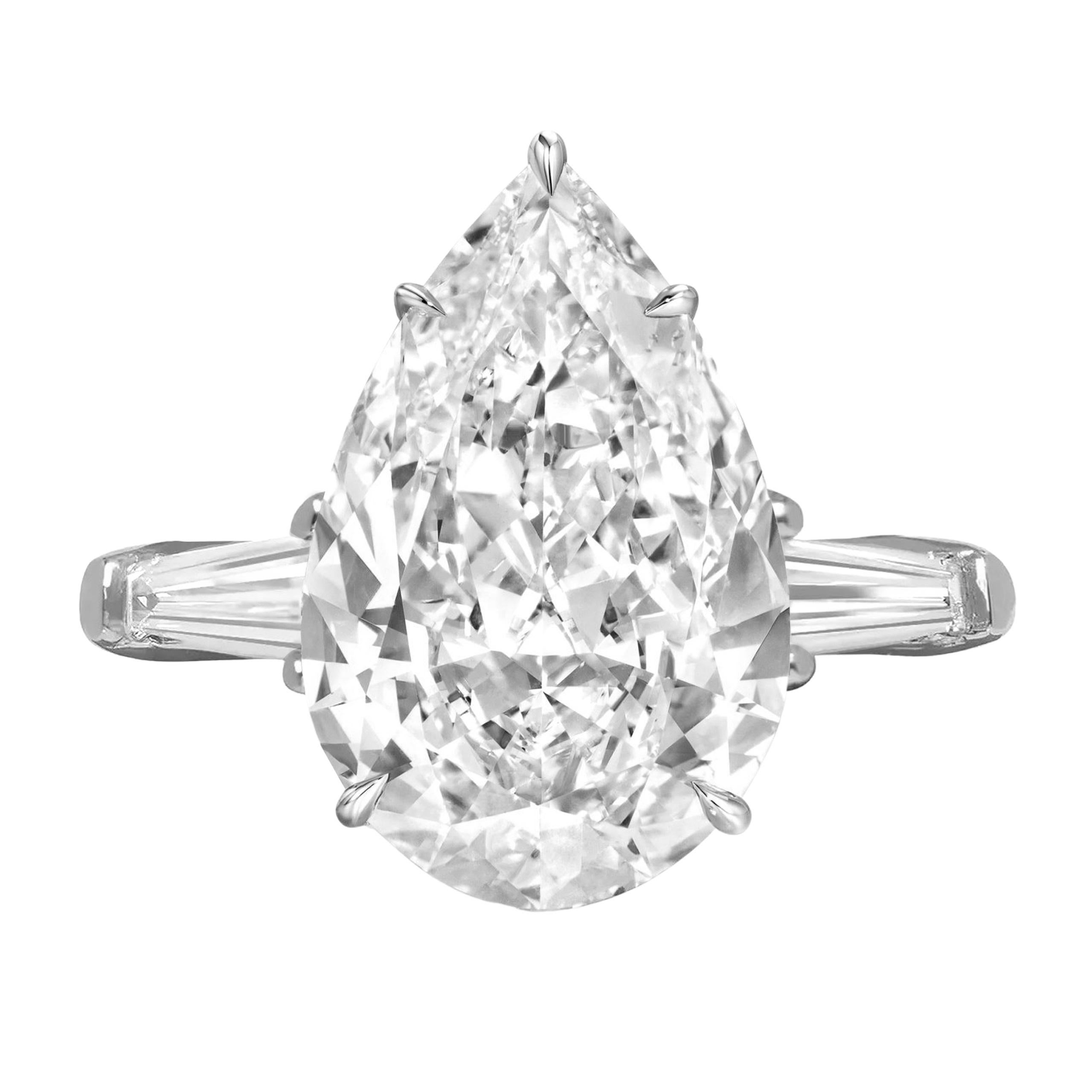 Taille poire Bague solitaire en platine certifiée GIA, diamant taille poire de 4 carats de couleur D IF en vente