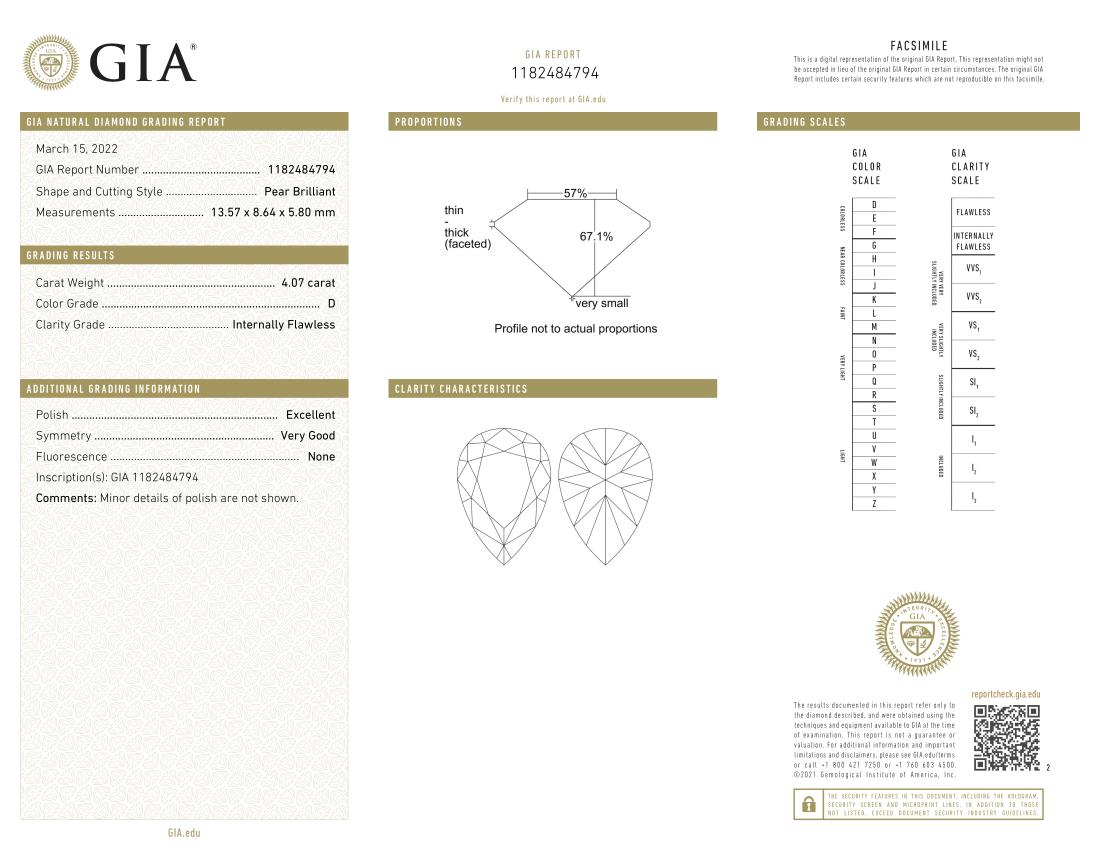 Bague solitaire en platine certifiée GIA, diamant taille poire de 4 carats de couleur D IF Neuf - En vente à Rome, IT