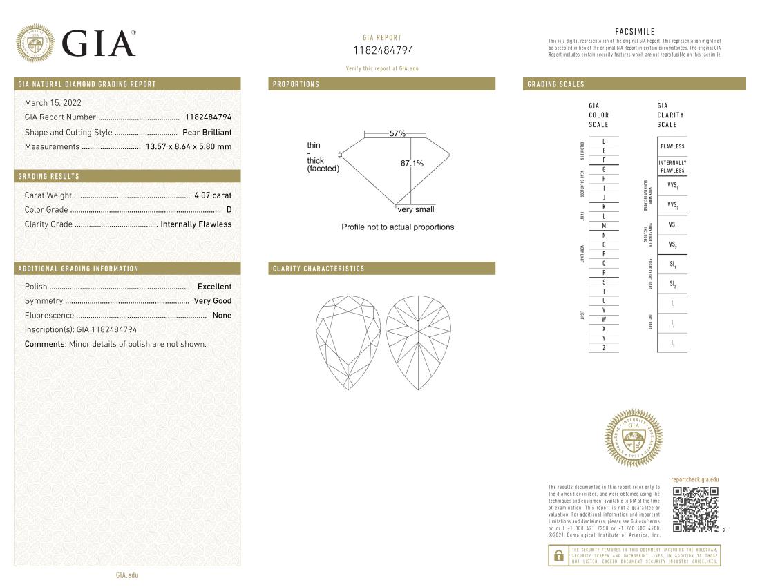 GIA Certified 4 Carat Pear Cut D color IF Diamond Solitaire Platinum Ring In New Condition For Sale In Rome, IT