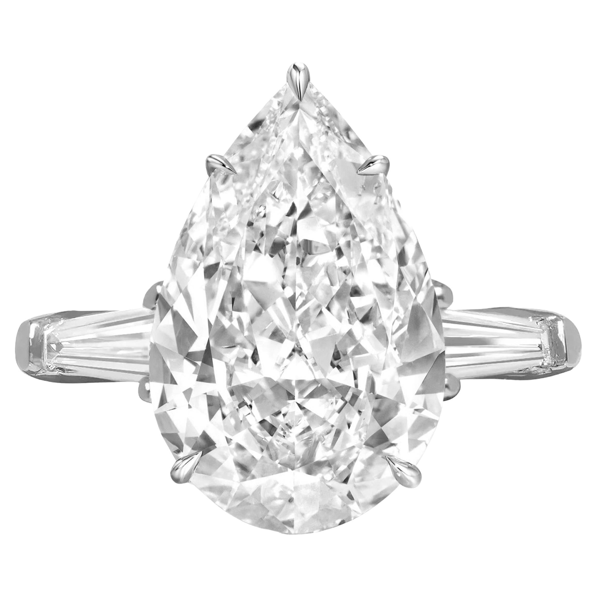 GIA Certified 4 Carat Pear Cut D color IF Diamond Solitaire Platinum Ring