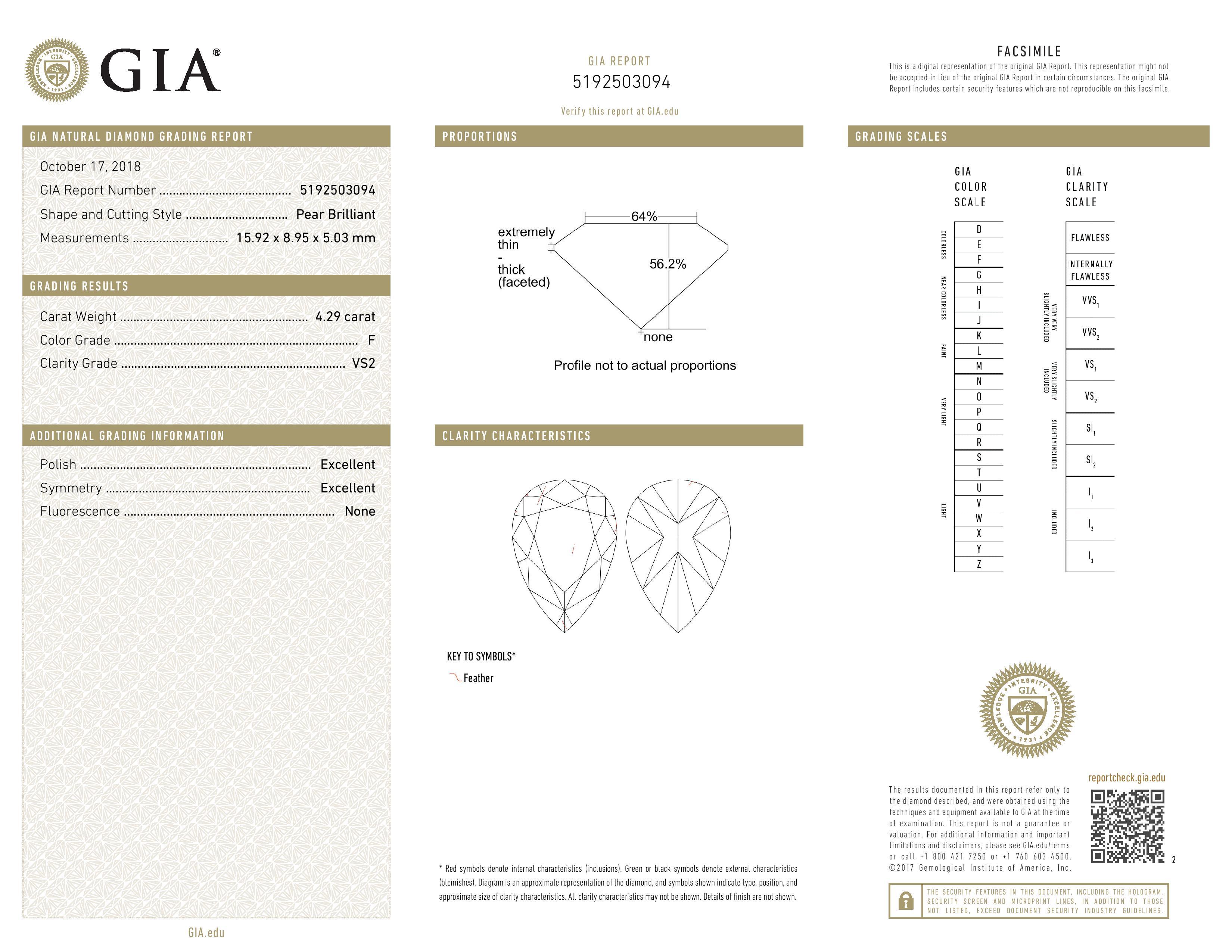 Contemporary Exquisite 4.29 Carat Pear-Shaped Diamond (F, VS2) – GIA - Luxury Collection For Sale