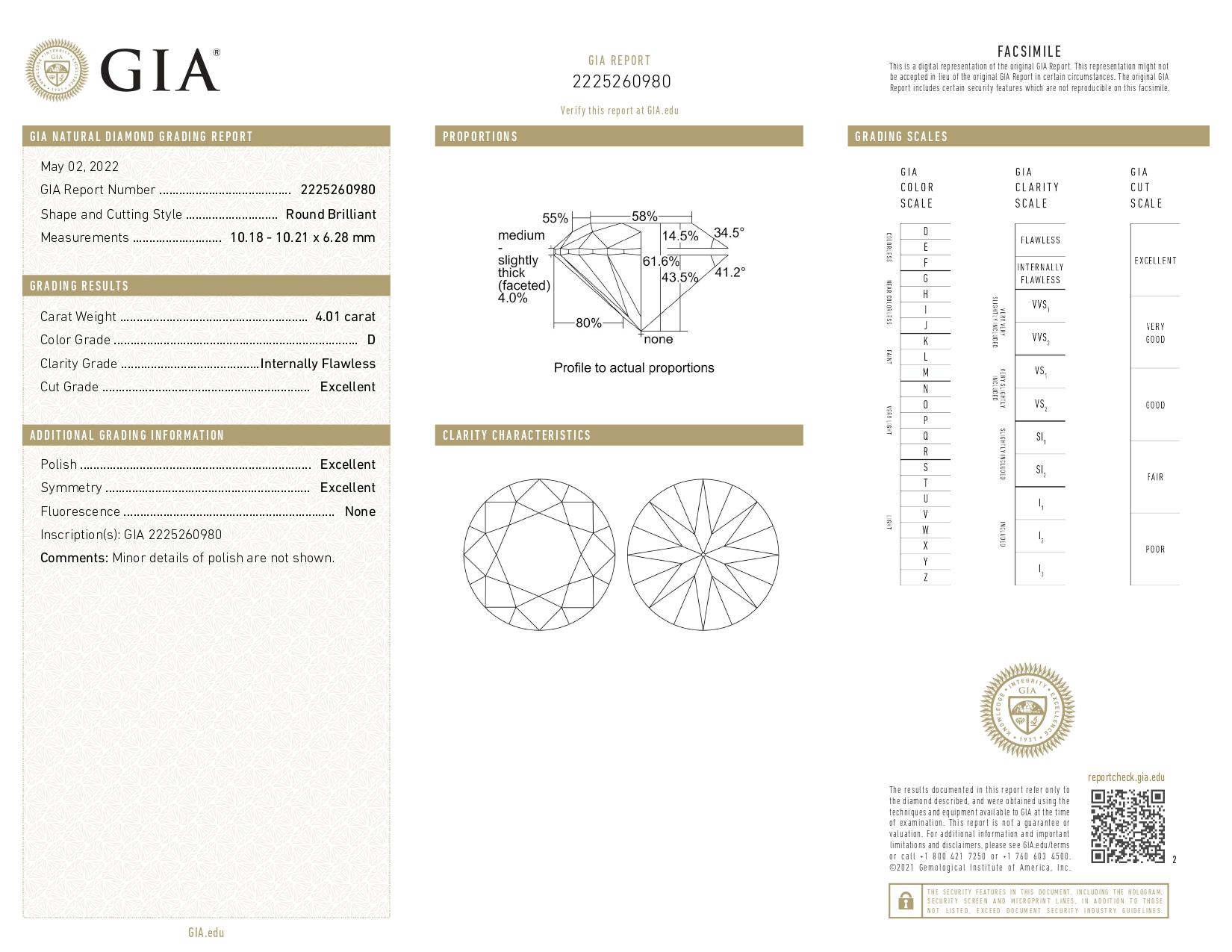 Contemporary GIA Certified 4 Ct Round Cut Diamond D Color IF Clarity Type IIA Platinum Ring For Sale