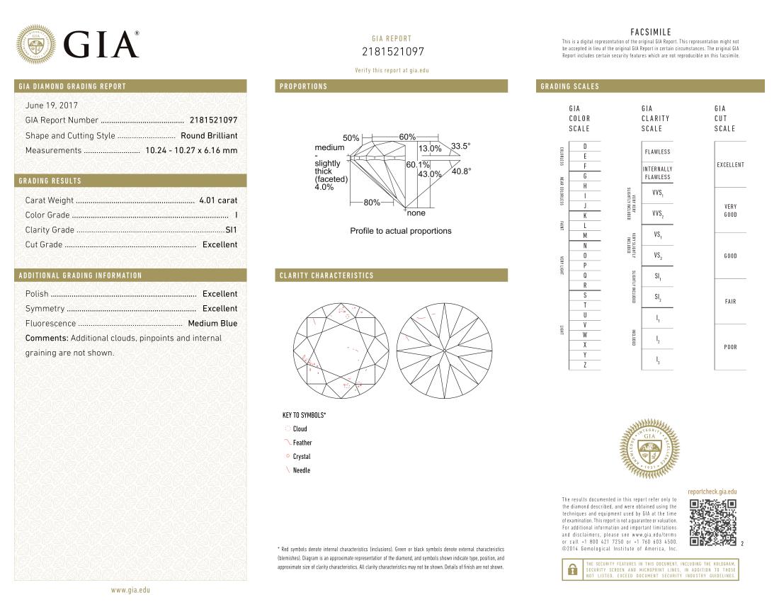 Taille ronde Bague en diamant certifié GIA de 4 carats à taille ronde et brillante en vente