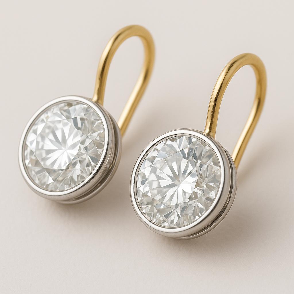 Round Cut GIA Certified 4 Carat Round Brilliant Diamond Drop Earrings in 18K Two-Tone Gold For Sale