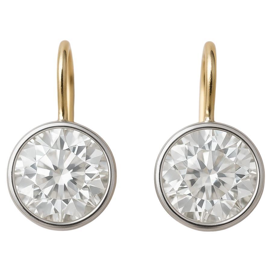 GIA Certified 4 Carat Round Brilliant Diamond Drop Earrings in 18K Two-Tone Gold For Sale
