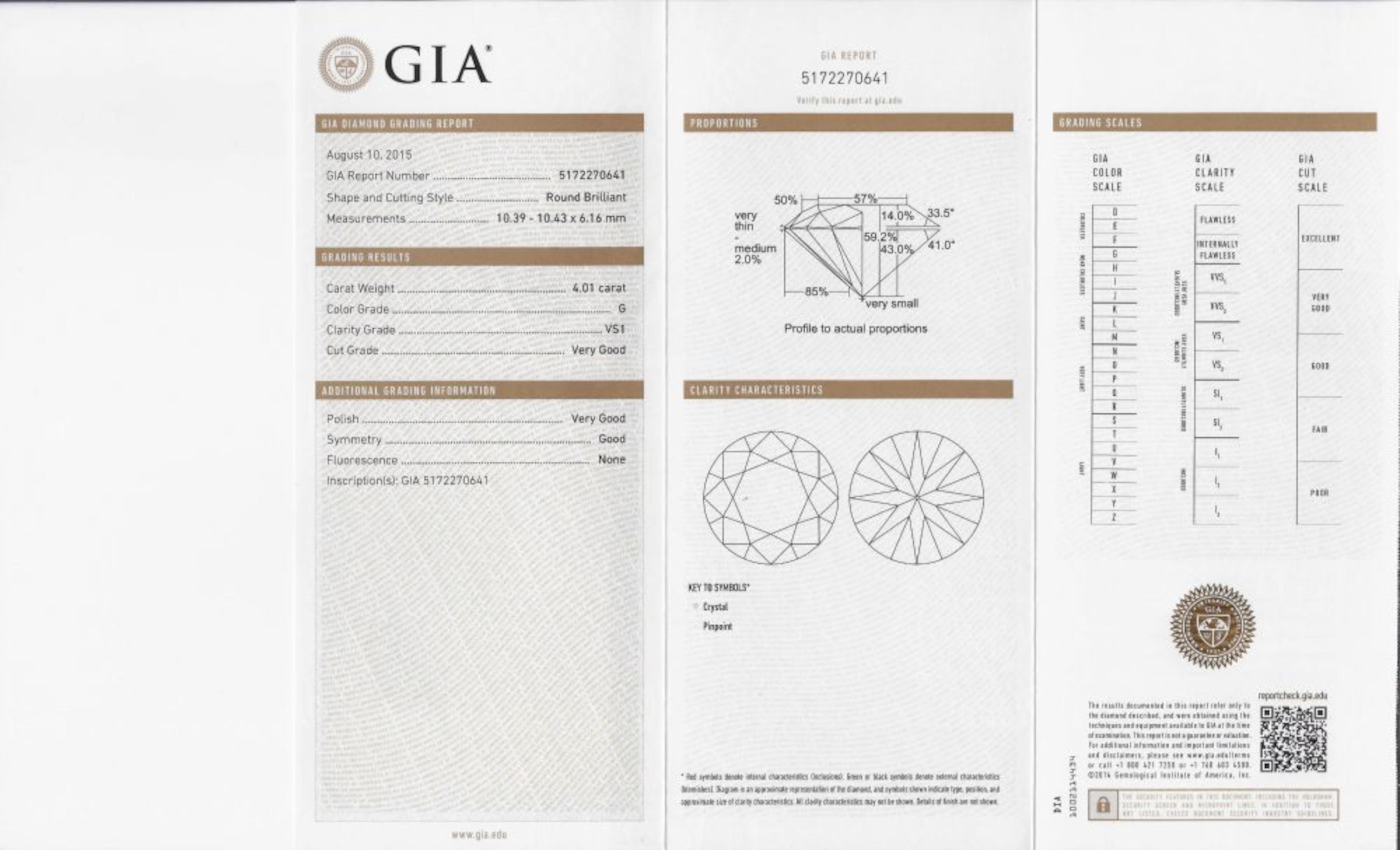 Contemporaneo Anello con diamante rotondo da 4 carati certificato GIA in vendita