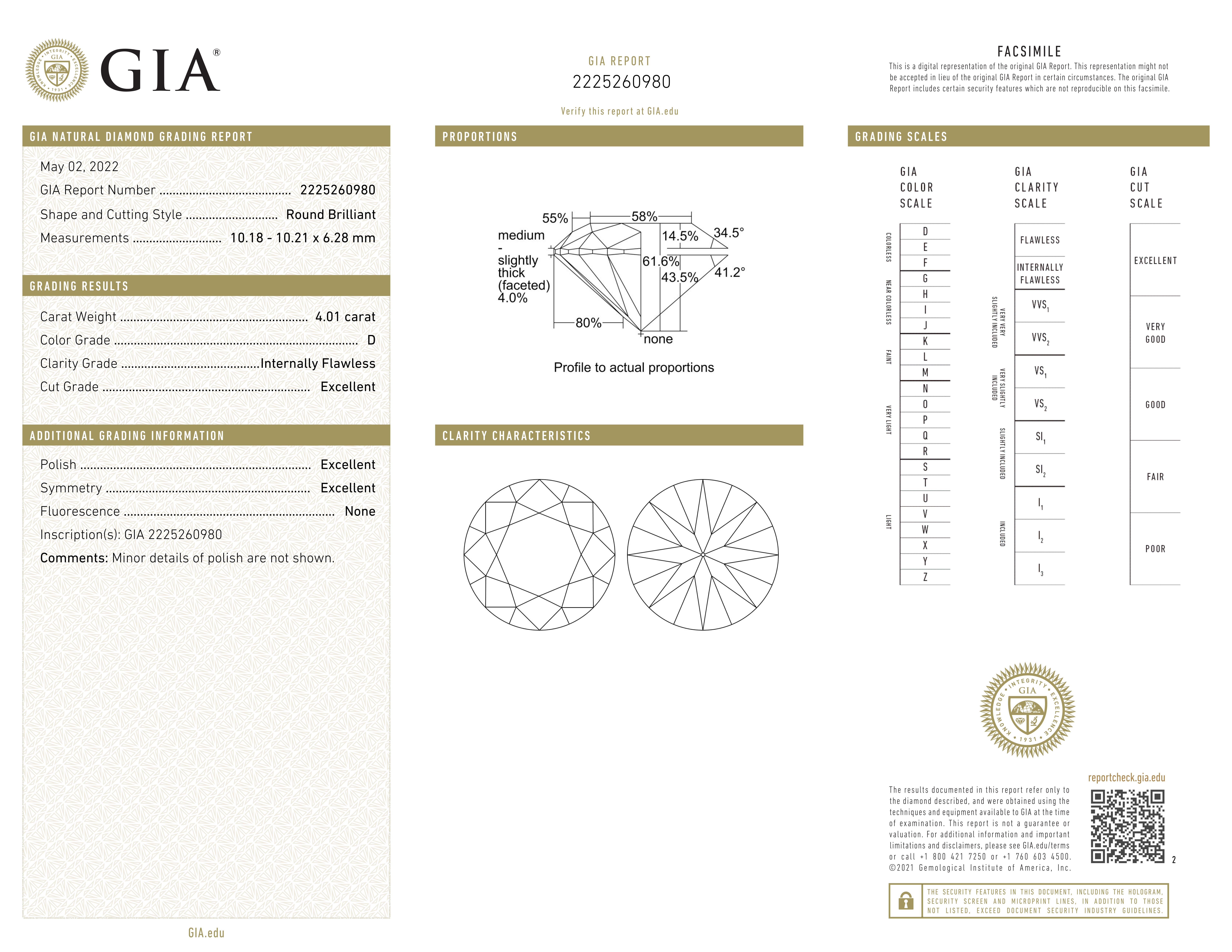 Round Cut GIA Certified 4 Carat Round Diamond Solitaire Platinum Ring FLAWLESS D COLOR For Sale