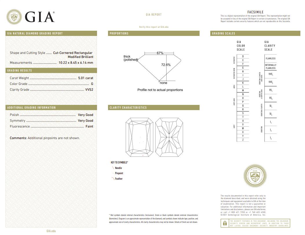 This exquisite solitaire ring features a GIA-certified 5.01-carat Radiant Diamond, set in a timeless platinum design. The diamond boasts exceptional quality, with the following characteristics:

Color Grade: G 
Clarity Grade: VVS2 

Polish: