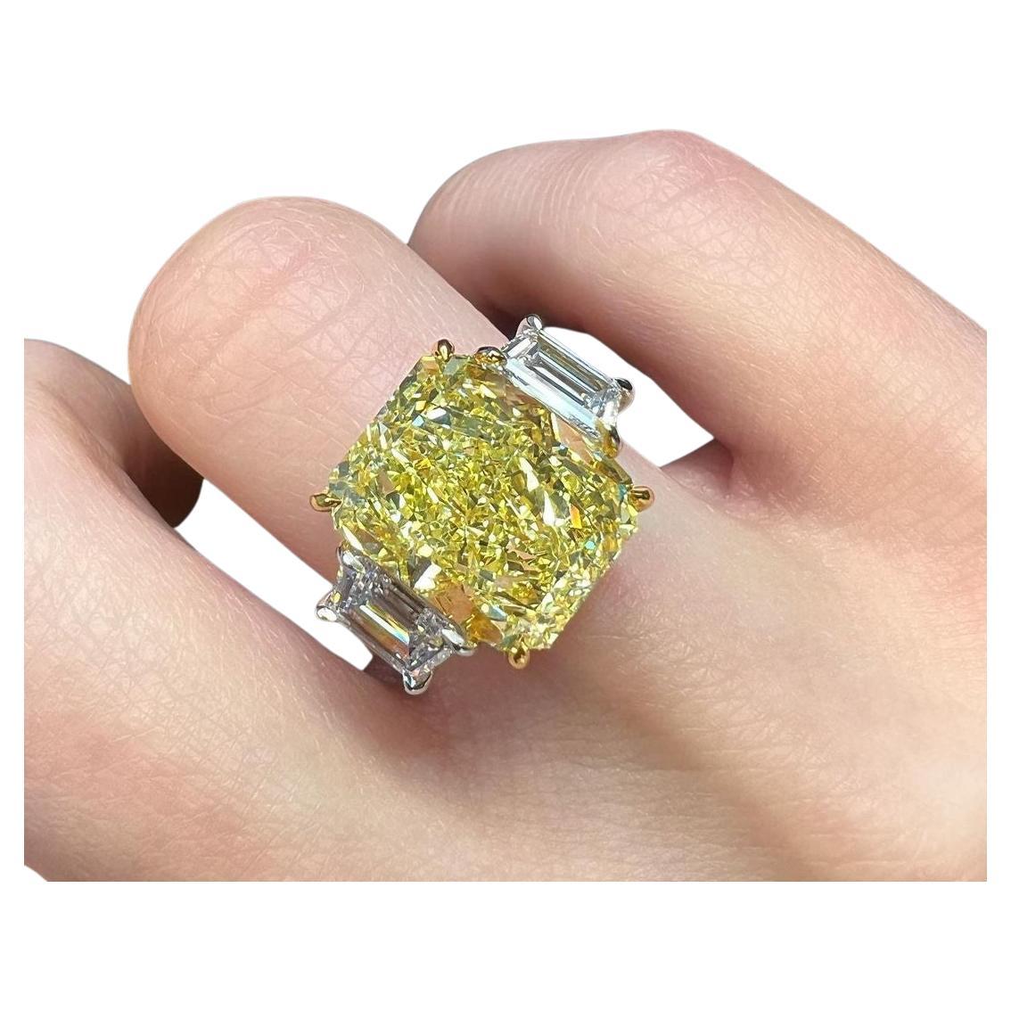 Radiant Cut GIA Certified 4 Carat Three Stone Fancy Light Yellow Diamond Ring For Sale