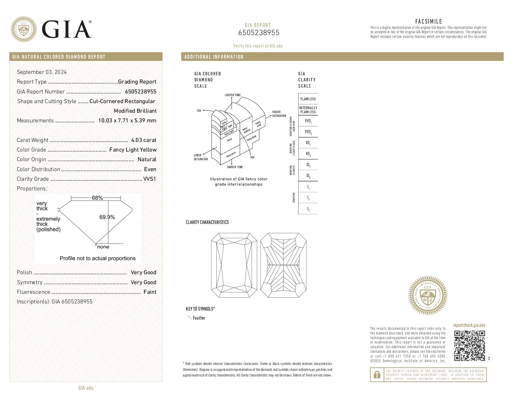GIA Certified 4.03 Carat Radiant Cut Fancy Light Yellow Diamond Ring In New Condition For Sale In Chicago, IL