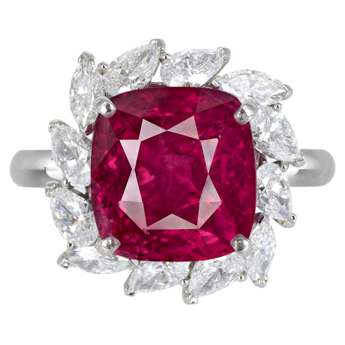 GIA Certified 4 Carat Vivid Red Ruby No Heat Diamond Cocktail Ring