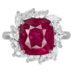 GIA Certified 4 Karat Vivid Red Ruby No Heat Diamond Cocktail Ring