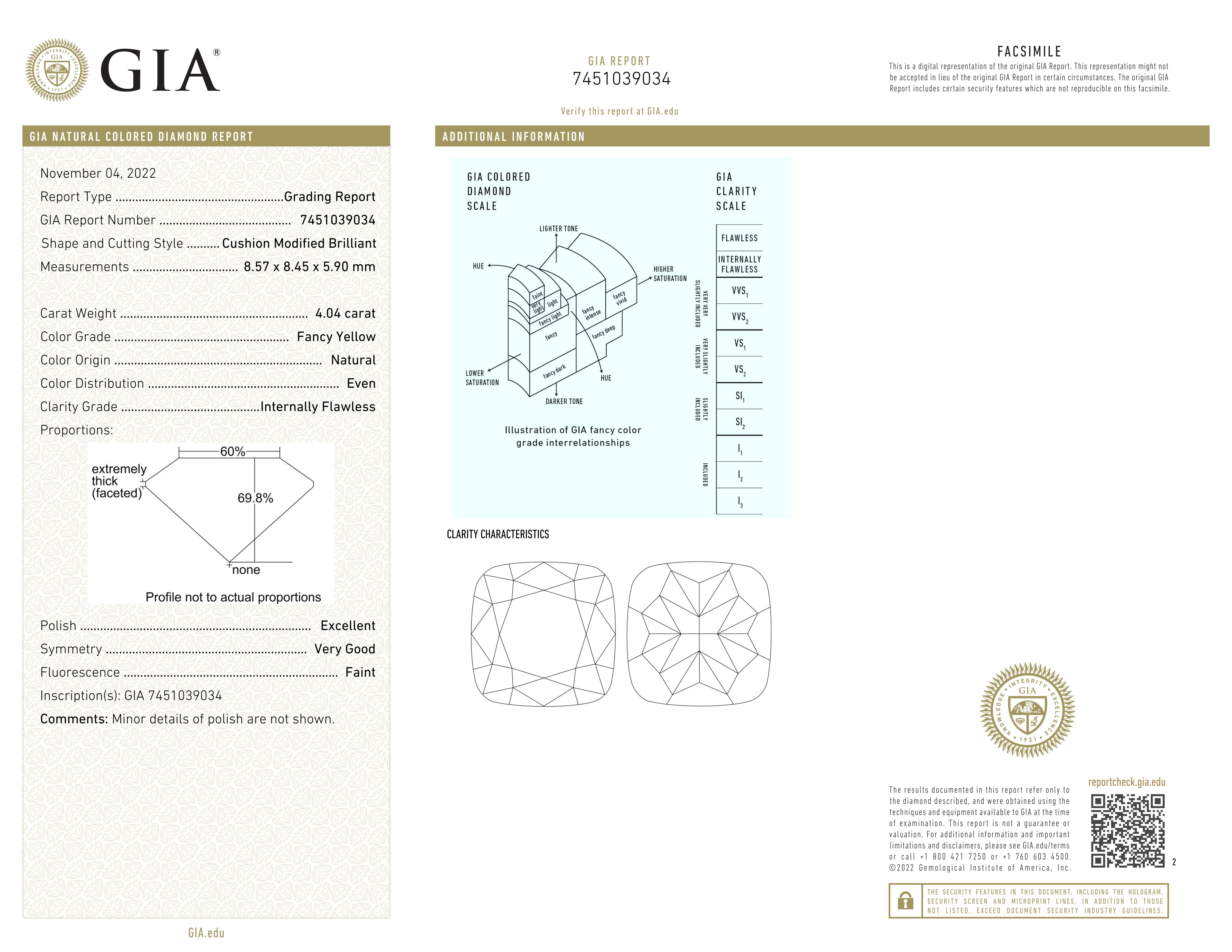 Certificato GIA da 4 carati. Anello con diamante giallo taglio cuscino I FLAWLESS In condizioni Nuovo in vendita a Chicago, IL