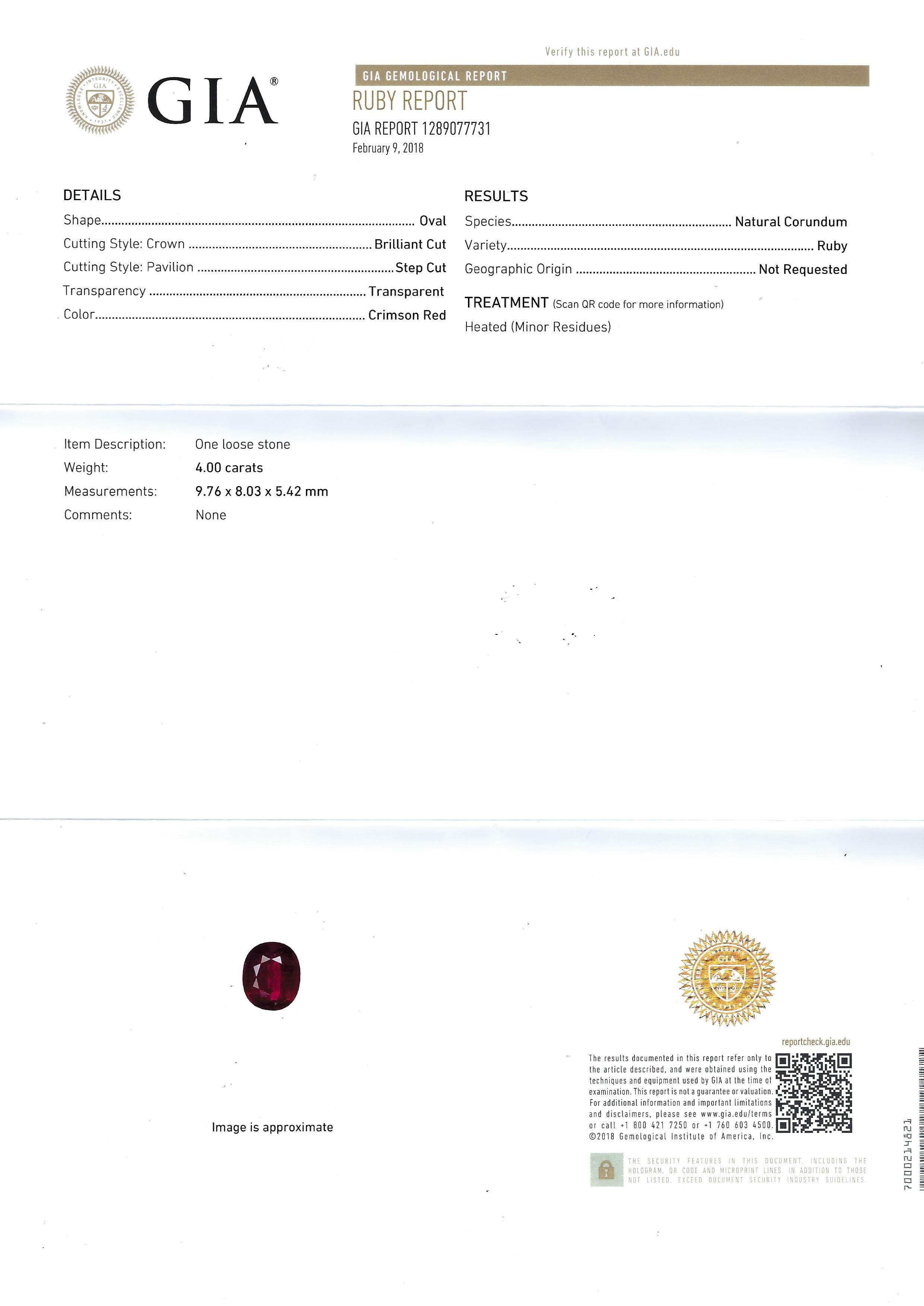 GIA-zertifizierter 4 Karat Rubin-Ring mit Diamant in 18 Karat Goldfassung im Angebot 12