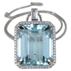 GIA Certified 40 Carat Aquamarine Diamond Halo Pendant Necklace