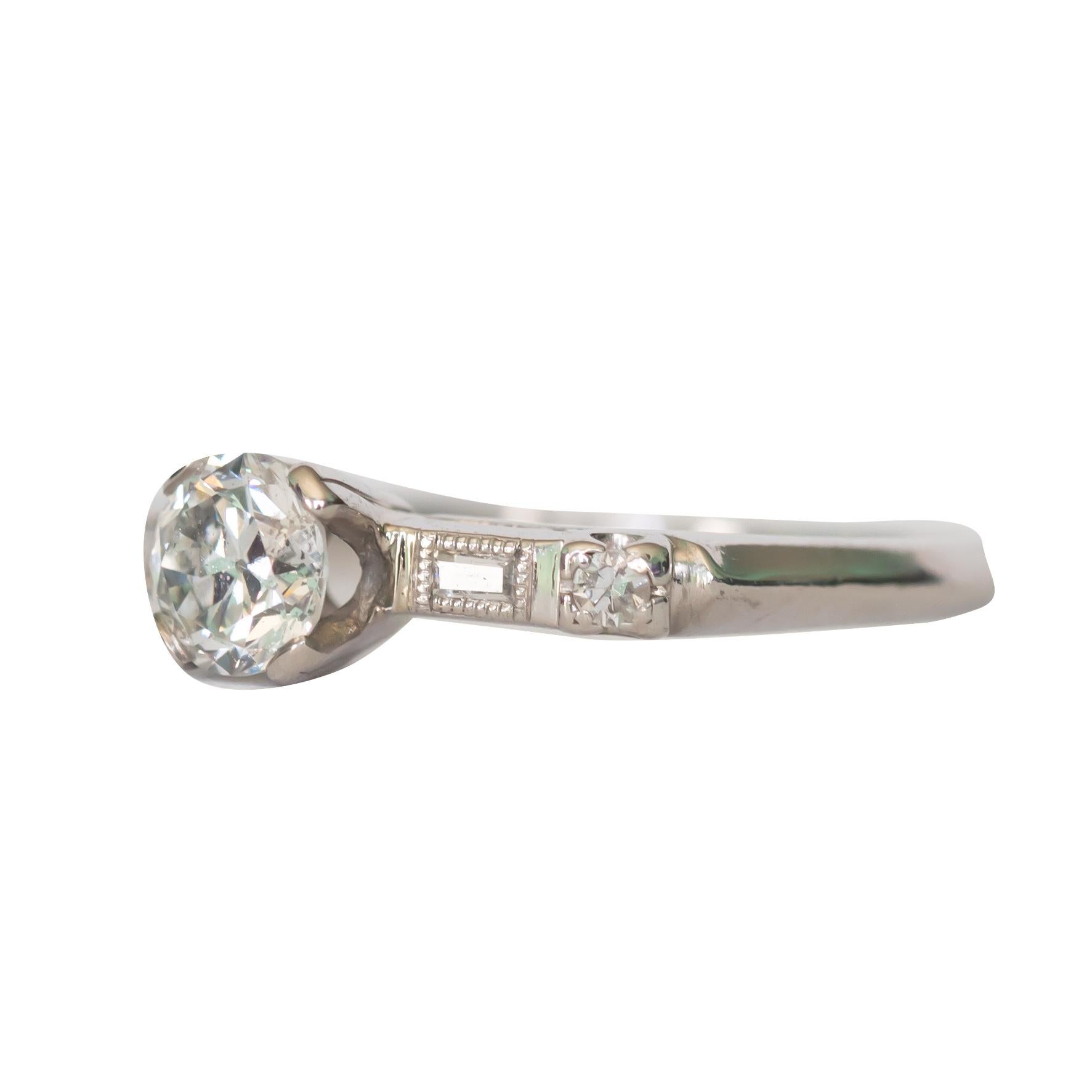 Ring Size: 6
Metal Type: Platinum  [Hallmarked, and Tested]
Weight:  2.5 grams

Center Diamond Details:
GIA REPORT#5202199344 
Weight: .40 carat
Cut: Old European 
Color: H
Clarity: SI2

Side Diamond Details:
Weight: .10 carat, total weight
Cut: Old