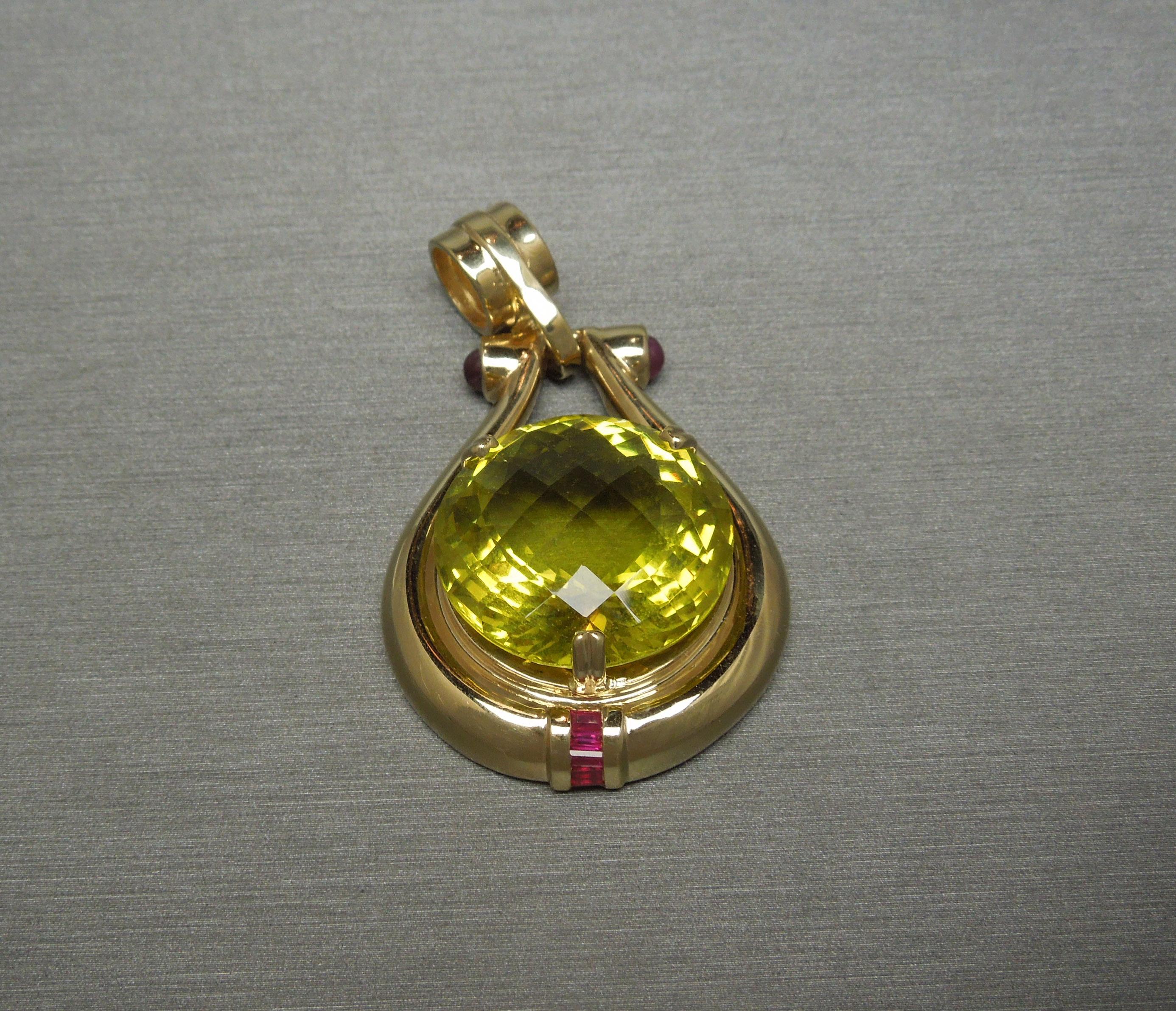 GIA Certified 40 Carat Lemon Citrine & Ruby Retro Amulet Pendant In Excellent Condition For Sale In METAIRIE, LA