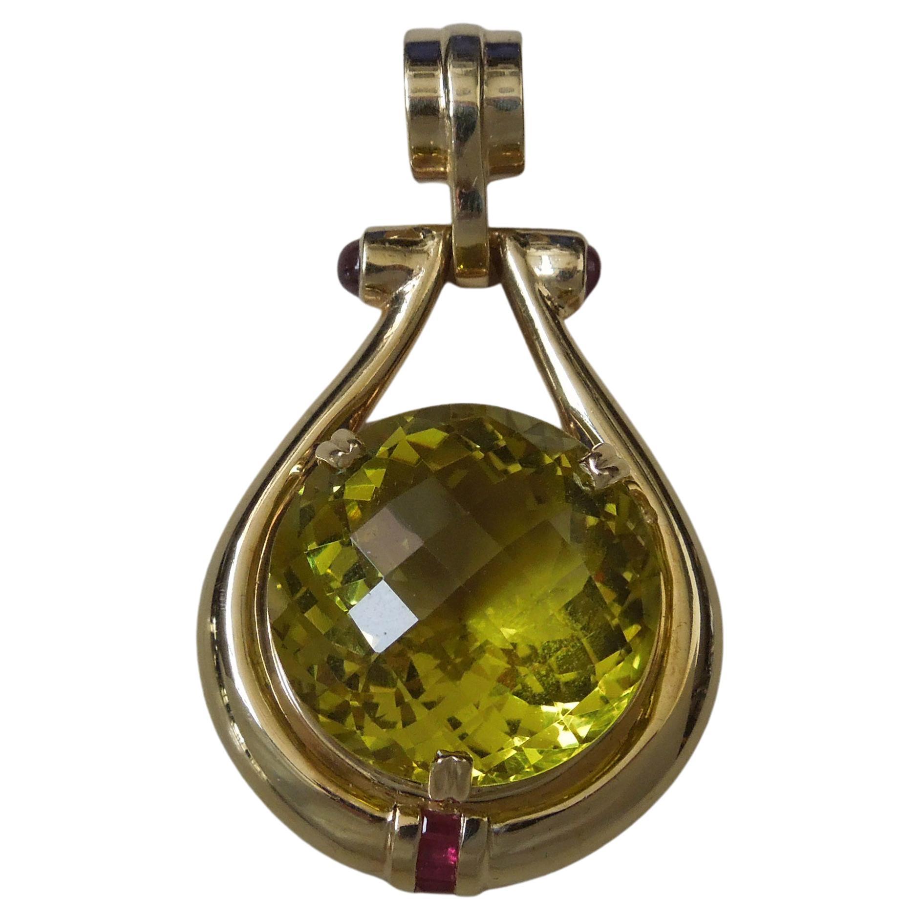 GIA Certified 40 Carat Lemon Citrine & Ruby Retro Amulet Pendant For Sale